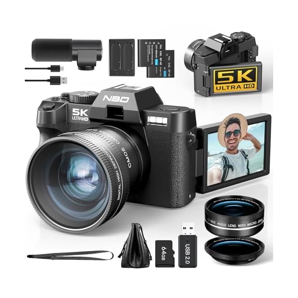 NBD 5K Digitalkamera 64MP mit Autofokus & 16X Zoom, 3″ 180° klappbarem Display, WiFi – Inkl. Weitwinkel/Makro-Linse + Mikrofon + 64GB Karte + 2 Akkus (Schwarz)