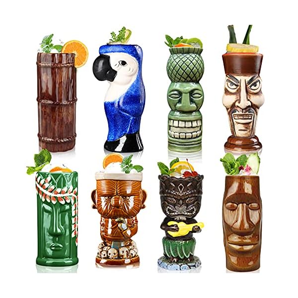 Tiki TJB013 - Juego de 8 vasos de cóctel grandes para fiesta hawaiana, lindos vasos de cóctel exóticos, taza de cerámica hawaiana