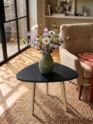 Image of Modern Triangle Side Table with 3 Wooden Legs, Minimalist End Table /Coffee Table for Living Room, Bedside Nightstand for Bedroom, Balcony & Small Spaces
