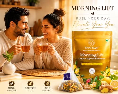 Image of Brew Sage Morning Lift Herbal Tea - Lemon, Ginger & Tulsi | Detox Tea for Weight Loss, Bloating & Digestion | Caffeine-Free Energy & Stress Relief | 30 Tea Bags | Vegan, GMP Certified
