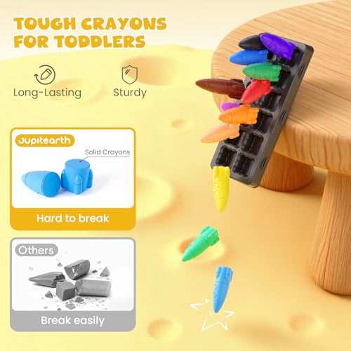 JUPITEARTH 12 Colors Crayons for Toddlers, Non-Toxic Washable Rocket Crayons, Easy-to-Hold Coloring Gifts & Mess-Free Art Supplies for Little Hands