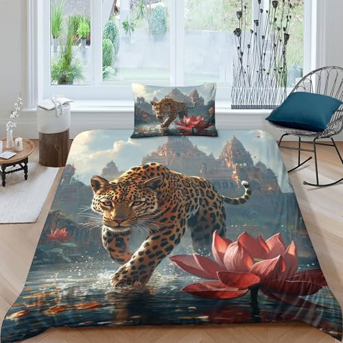 Leopardo mágicoo Funda Nórdica 3D Juego De Cama De Microfibra,Giant Red Loto Funda Nórdica Estampada con Fundas De Almohada para Niños Y Adultos Y Adolescentes Single（135x200cm）