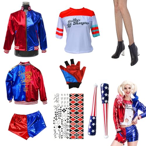 EBKCQ Disfraz de cosplay para mujer, 8 unidades, cosplay, vestido de cosplay, disfraz con chaqueta, camiseta, pantalones cortos, guantes, bate de béisbol, medias de red, pegatinas para carnaval,