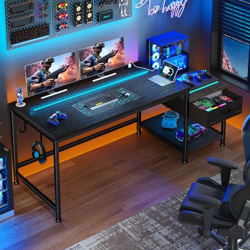 Image of DurayLoly 48 inch Gaming Desk with Printer Shelf & Drawer for Teen Gaming Room | Printer Shelf & Storage Drawers; Store Printer, Stationery and Daily Gadgets for Teen Dorm & Bedroom Workspace, Black