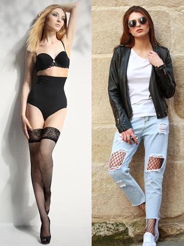 Bencailor 4 Pairs Fishnet Thigh High Stocking for Women Silicone Lace Top Sheer Over Knee Stockings4