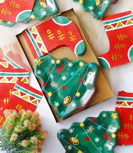 Winoo Design 100PCS Christmas Dessert Plates and Napkins Bulk - 50 PK - Small Tree Paper Plates Xmas Disposable Plates Stockings Napkins for Christmas Decorations Décor Party Supplies – Image 6