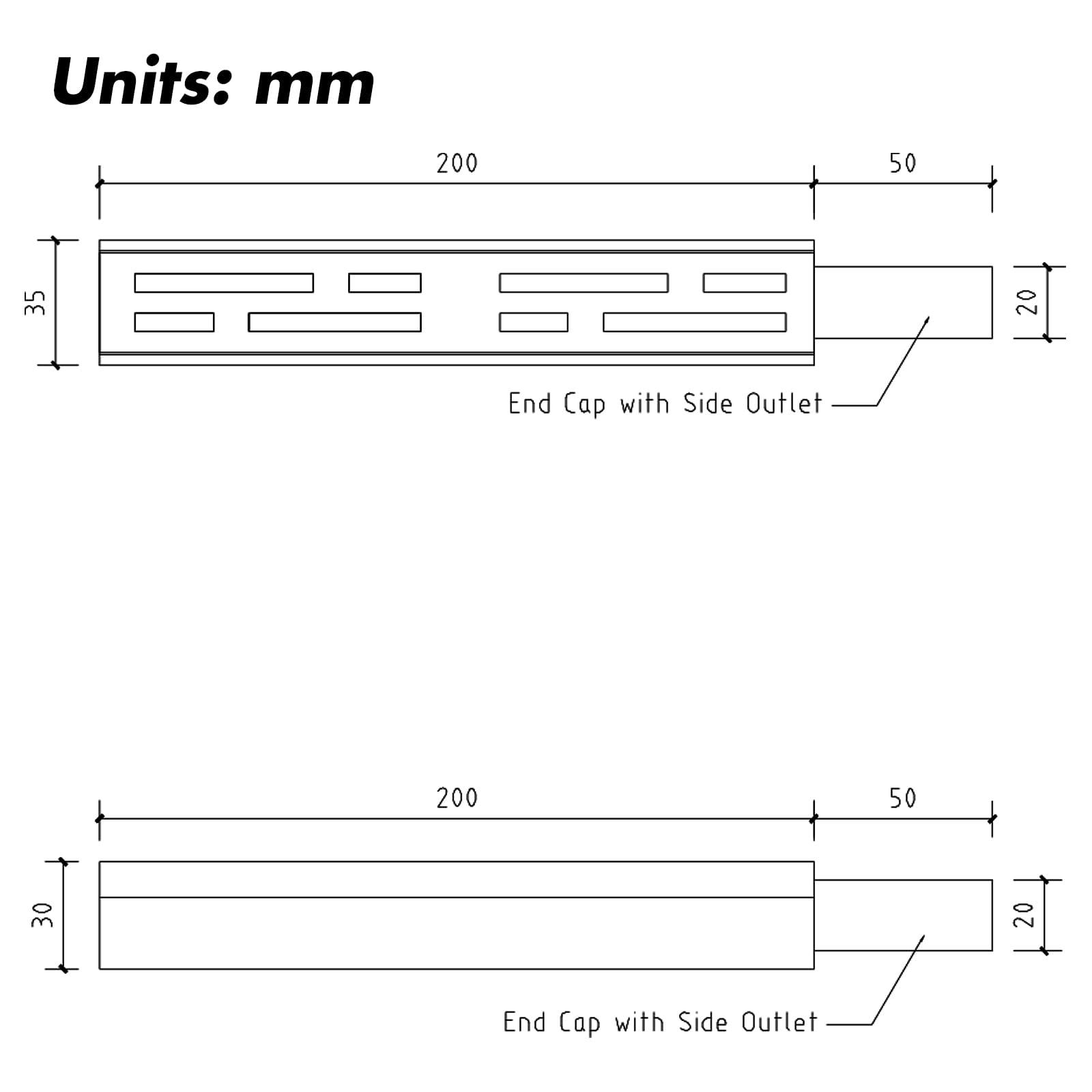 Accesorio para canaleta desague con Rejilla,Tapón Final con Salida Lateral de Ø 2 cm y 1 Conector, para canaleta desague 3,5 cm de Ancho