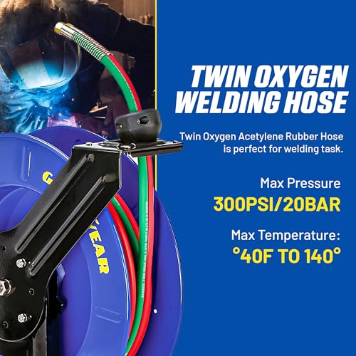 Image of Goodyear Retractable Welding Hose Reel - 1 /4 inch x 65' Twin Oxygen Acetylene Rubber Hoses, Heavy Duty Single Arm, 300 PSI Industrial Standard Dut