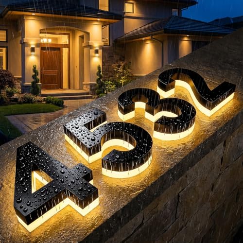 GITM Custom Light Up House Numbers for Outside, Modern 304 Stainless Steel LED Address Sign, 3D Floating Backlit Plaque, Waterproof Solar or 12V Hardwired Power, Personalized Outdoor Decor
