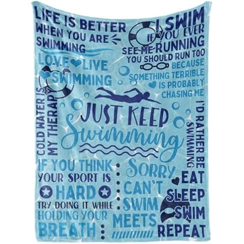 Swimming Gifts, Swimmer Blanket Women, Men, Teen Girls, Teammate, Coach - 50" x 65" Throw, Flannel Blanket - Just Keep Swimming - Blue Cover