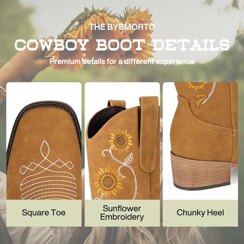 Image of Cowboy Boots for Women - Mid Calf Western Sunflower Cowgirl Boots with Floral Embroidery, Square Toe Stitched Pull On Retro Design, Perfect for Country Idyll, Concerts and More
