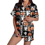 QJDFLL Damen Pyjama Set mit Halloween Print, kurzärmelig, Shorts, Taschenleiste vorne, Bequeme Nachtwäsche, Loungewear(Schwarz,S)
