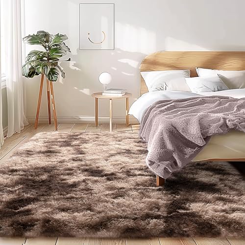 5x7 Shag Area Rug - Fluffy Fuzzy Nursery Kids Girls Room Rug - Soft Plush Furry Bedside Carpet - Tie-Dyed Brown