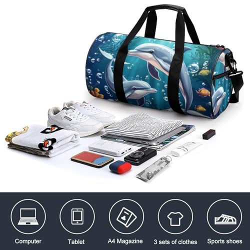 Ocean Dolphins Tropical Fish Coral Gym Duffel Bag with Shoe Compartments Travel Weekend Overnight Dufflebag4