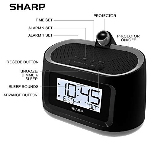 Sharp Lcd And Projection Alarm Clock With 8 Soothing Nature Sleep Sounds – Project Onto Wall Or Ceiling, Black With Gunmetal Trim #TOP3