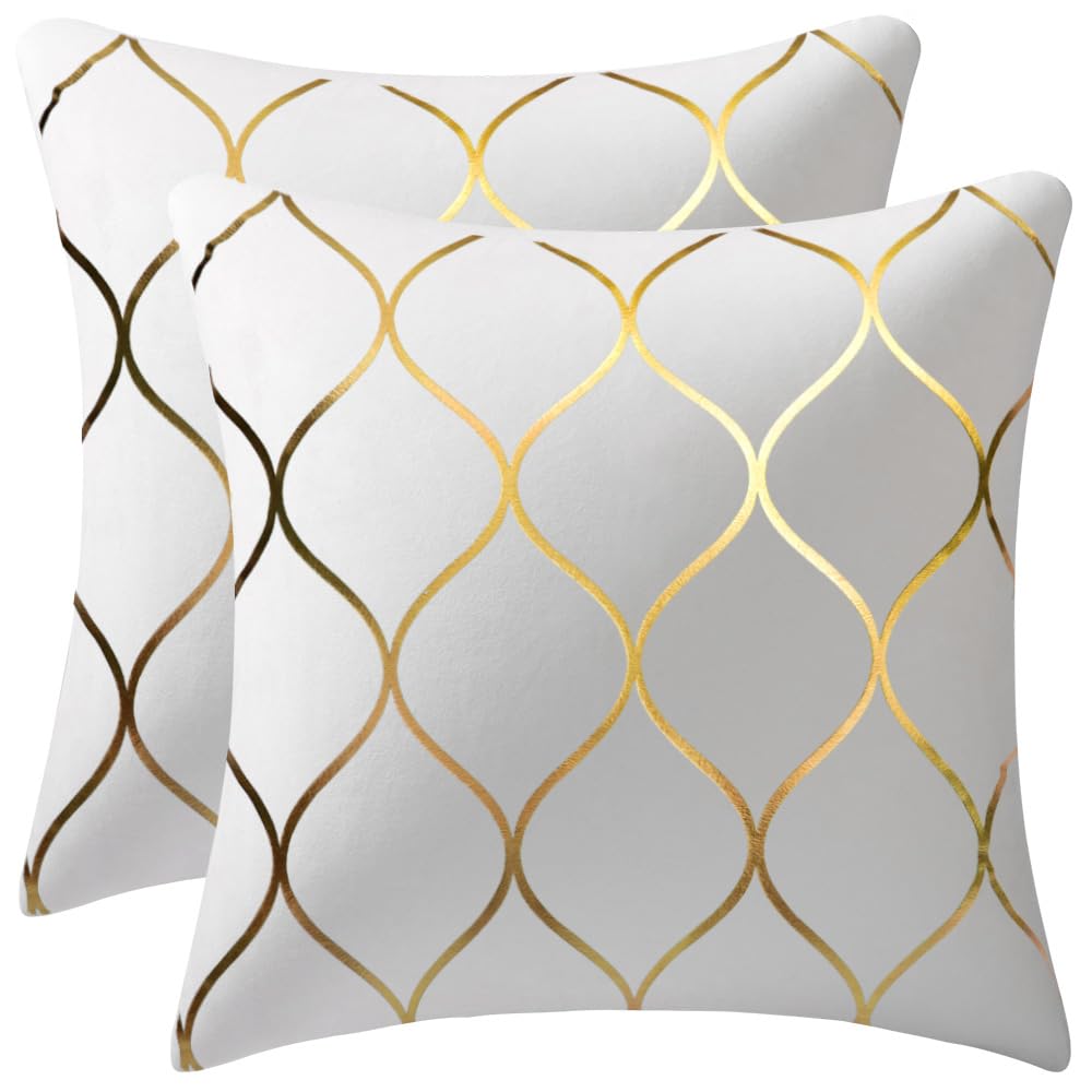 DEZENE Gold Velvet Throw Pillow Covers Off White: 2 Pack 20x20 Inch Square Decorative Pillow Cases for Bedroom Sofa Couch Living Room