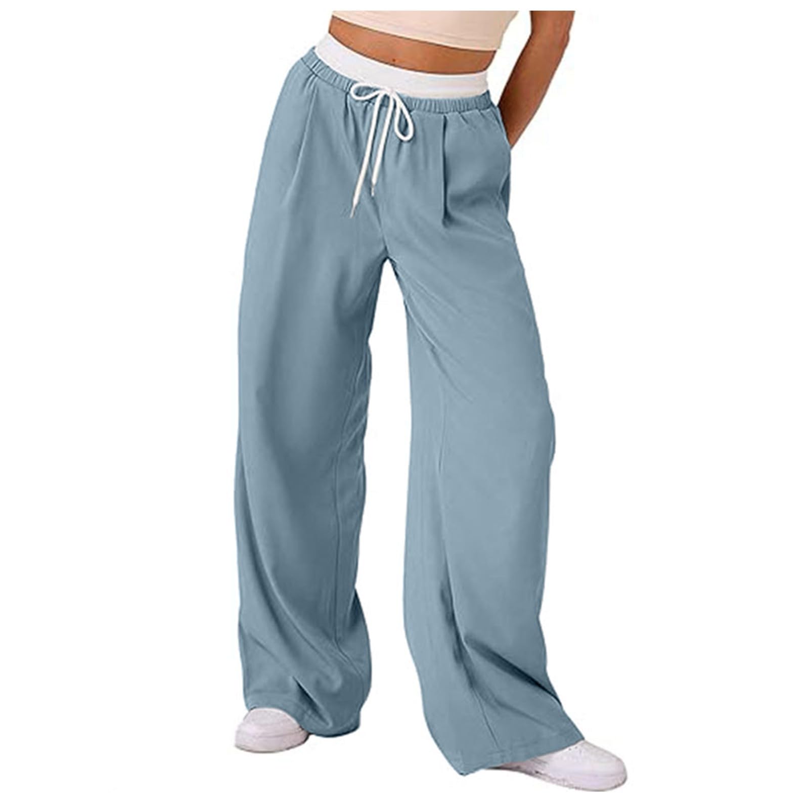 Pantalon Femme Large Décontracté Taille Haute Fluide Coupe Droite avec Cordon Contrasté Et Poches Style Casual Confortable pour Été Voyage