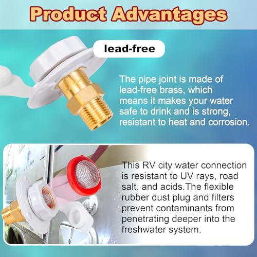 Image of RV Water Inlet Connection City Water Fill Inlet Flange Brass with Check Valve,3 /4 NH Female to 1 /2 NPT Male RV City Water Inlet,Lead-free Brass RV Fresh Water Inlet with Dust Plug for RV Camper(White)