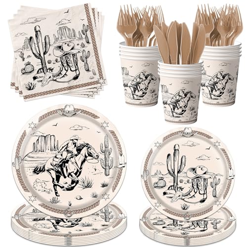 150Pcs Western Paper Plates and Napkins Set Cowboy Party Decorations Wild West First Rodeo Birthday Bachelorette Themed Tableware for 25 Guests