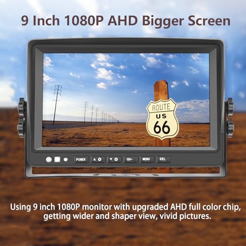 Image of Backup Camera System with 9'' 1080P Monitor Wired for RV Truck Trailer Camper Bus, 4 Split Screen Quad View HD DVR Record Monitor + IP69 Waterproof 360 View Night Vision Rear Side Camera