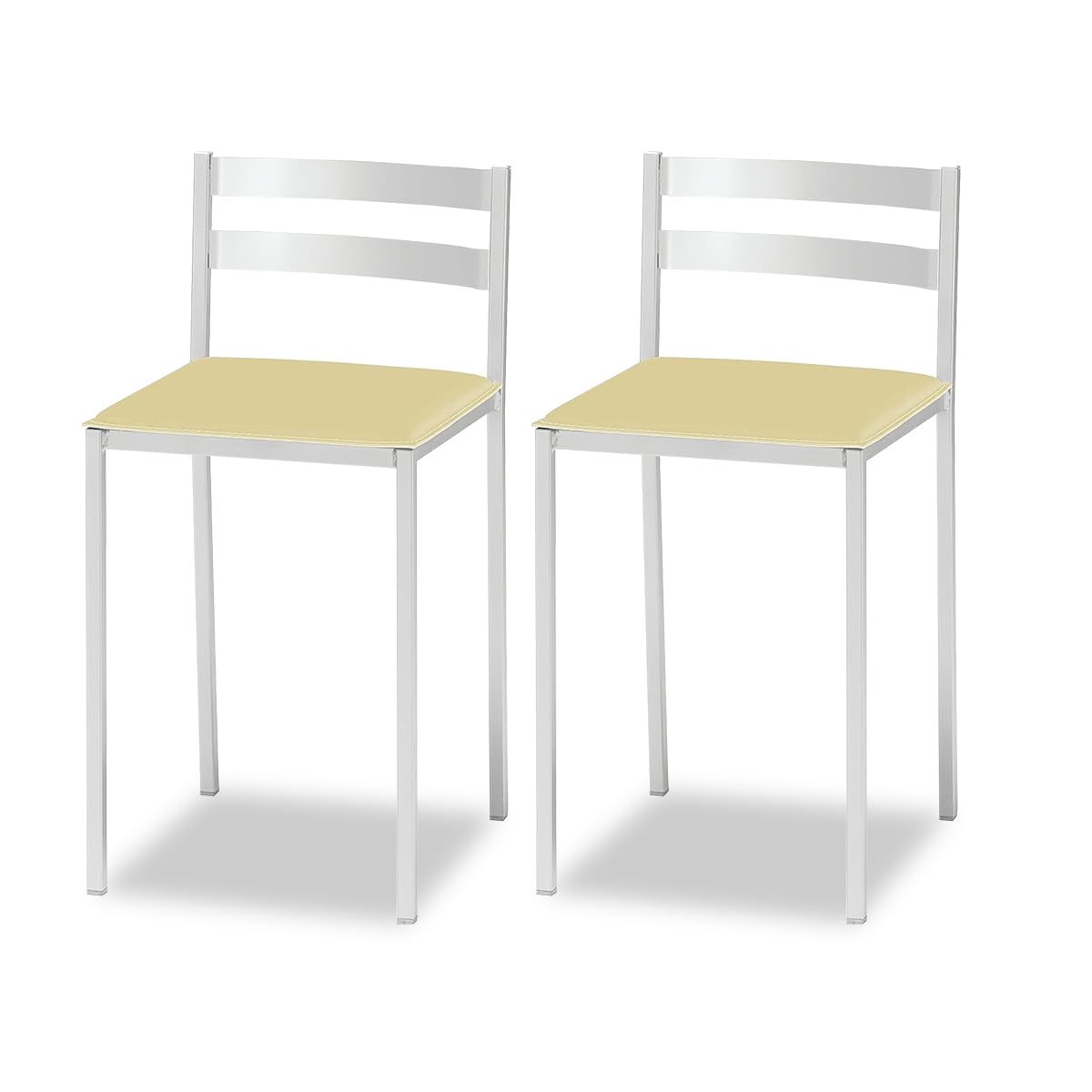 ASTIMESA 2 Kitchen Stools with Low Backrest, Horizontal Stripes and Upholstered Seat – White Structure – Beige Leatherette Seat