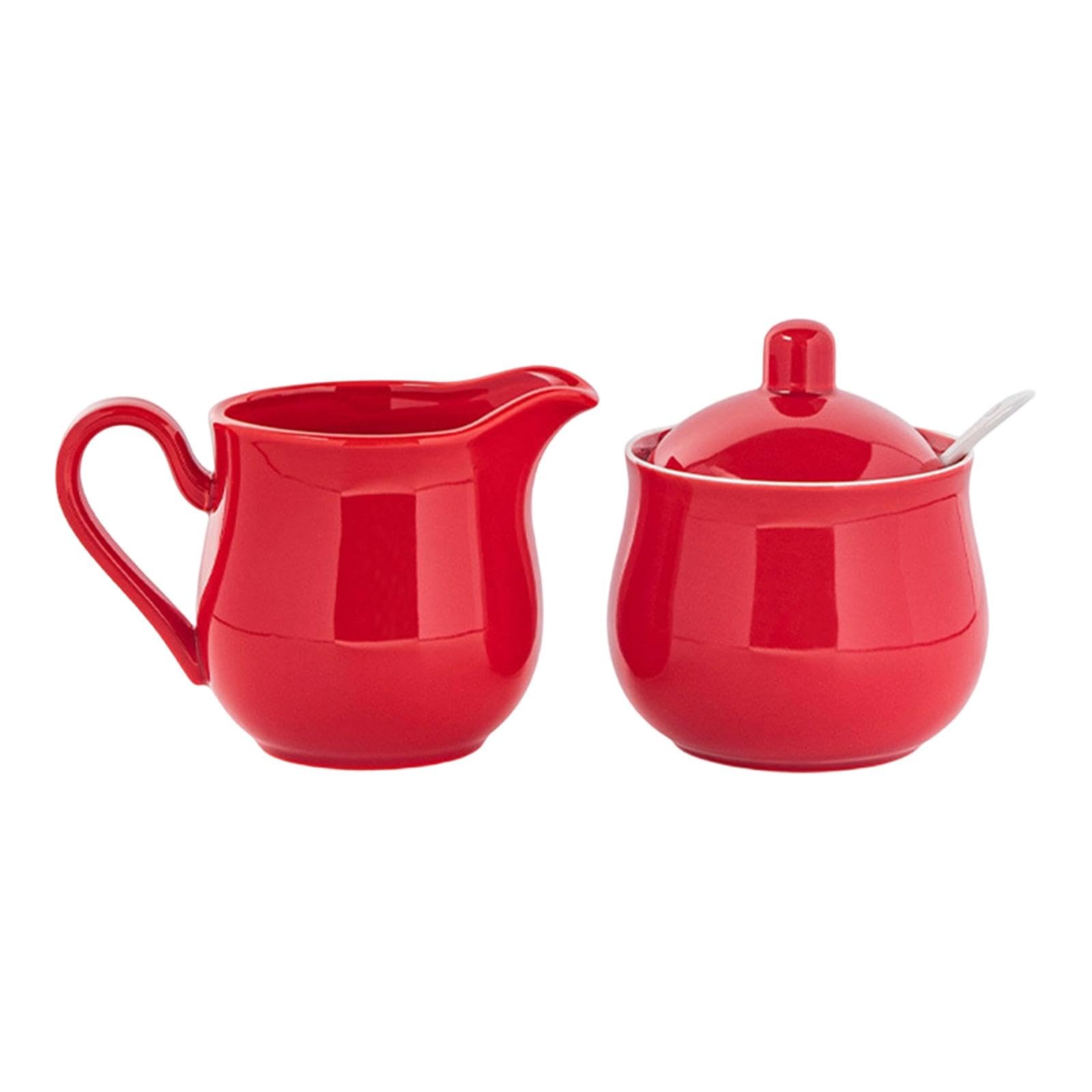 Amagogo Juego de azucarero y Crema de cerámica, azucarero con Tapa y Cuchara, Uso doméstico, práctico, Decorativo, Jarra para Crema, Rojo