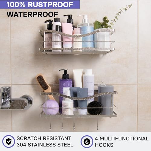 KINCMAX Shower Shelves 2-Pack - Self Adhesive Caddy with 4 Hooks - No Drill Large Capacity Stainless Steel Wall Shelf - Aesthetic Organiser for Inside Bathroom - Polished Silver - Cosy Home Interiors KINCMAX Shower Shelves 2-Pack - Self Adhesive Caddy with 4 Hooks - No Drill Large Capacity Stainless Steel Wall Shelf - Aesthetic Organiser for Inside Bathroom - Polished Silver - Image 4
