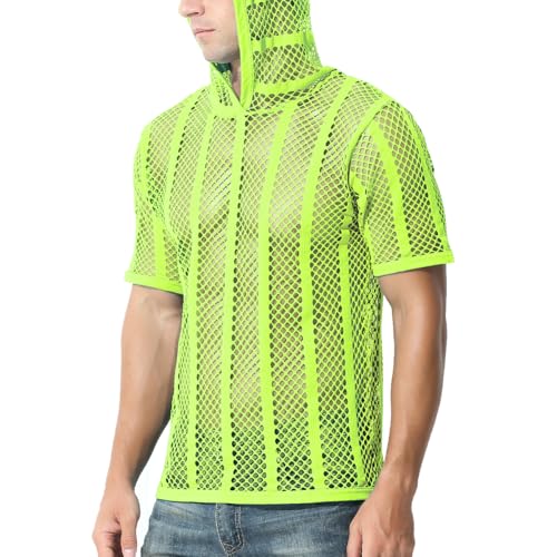 Men's Sexy See Through Fishnet Hoodies Short Sleeve T-Shirt Sheer Mesh Pullover
