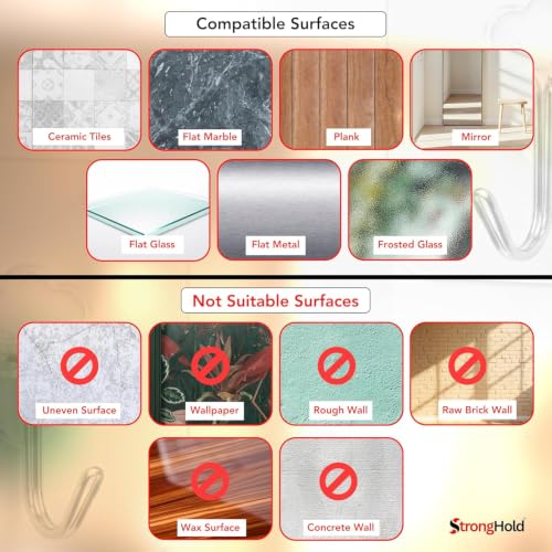 Image of StrongHold Self Adhesive Screw Hooks for Wall Without Drilling - 10 Pcs Heavy Duty Transparent Wall Hanging Hooks, Nail Free Stainless Steel Hooks for Frames & Wall Decor