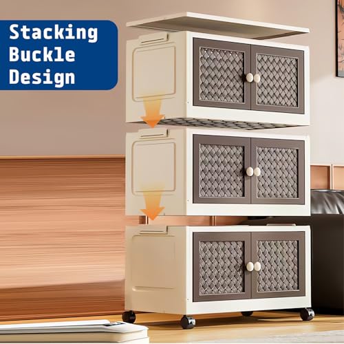 Image of House of Quirk Rattan Design Foldable Storage Box with Wheels, Stackable Storage Bins with Lid, Multi-Purpose Organizer, Space-Saving Storage Cabinet for Home (Cream /Brown, 4 Layer)