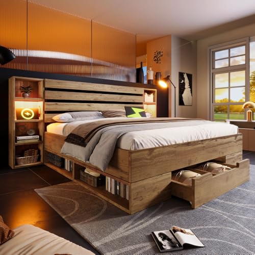 Cama de matrimonio de madera maciza 160 × 200 cm, armario de almacenamiento con iluminación LED y puerto USB, cabecero y cajones, somier de láminas de madera de roble (colchón no incluido)