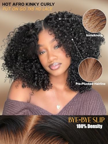 Image of Kinky Curly Human Hair Glueless Wigs Bye-Bye Knots 180% Density Pre Cut 7x5 Lace Front Middle Part Micro Twist Curly Wig with Finger Coils End for Natural Afro Texture Pre Plunked Knots 22Inch