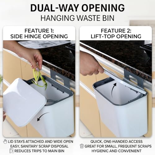 Image of Nayasa 7.3 Ltr Hanging Door Dustbin | BPA-Free Plastic Kitchen Trash Can with Lid | Wall Mounted & Cabinet Door Garbage Bin | Waste Bucket for Bathroom, Office & Home | White