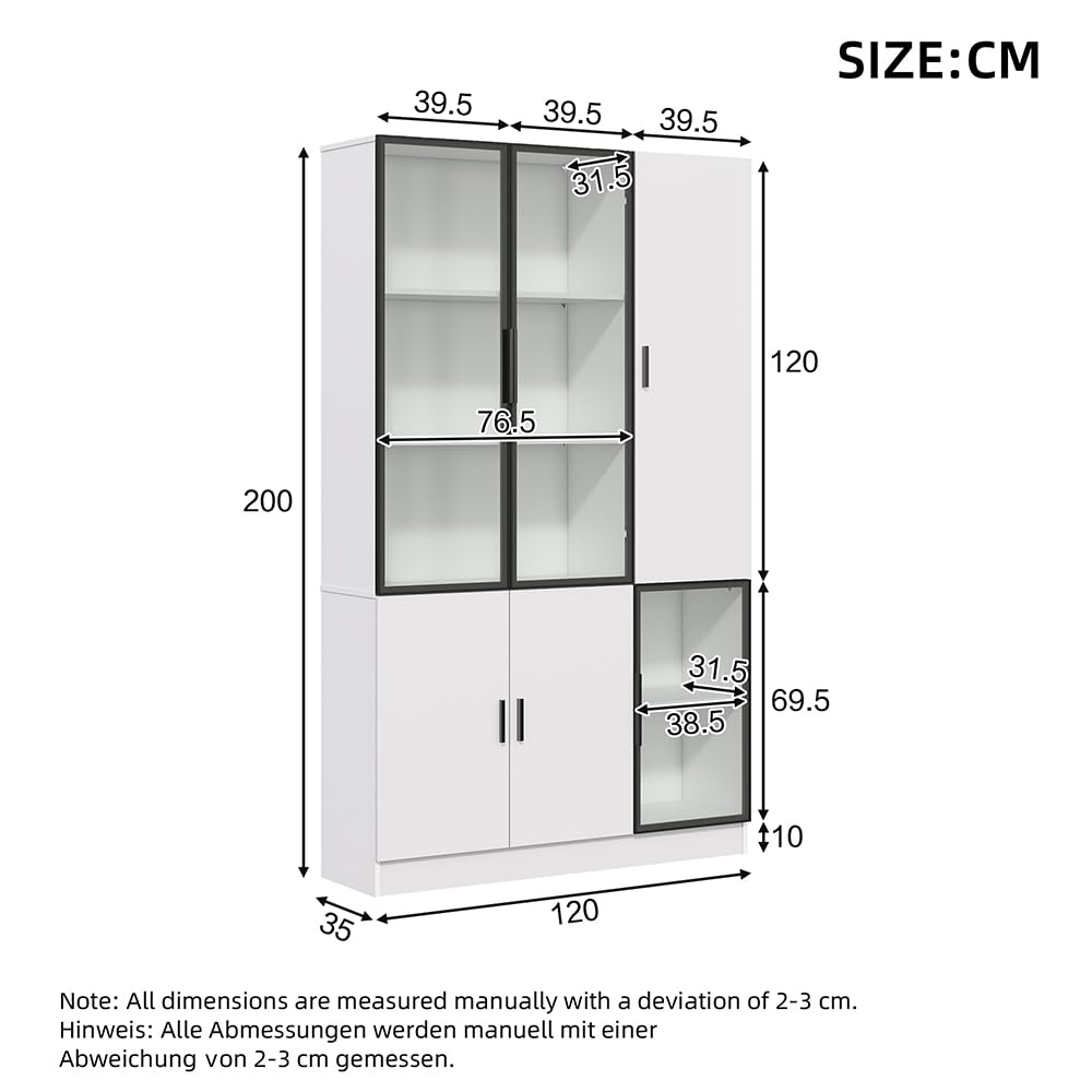 PUGSDRLY Vitrine de, Buffet de Salon avec éclairage LED, bibliothèque de Rangement Polyvalente, adaptée aux salles d'étude, Chambres, Salons et Bureaux (120 * 35 * 200cm)