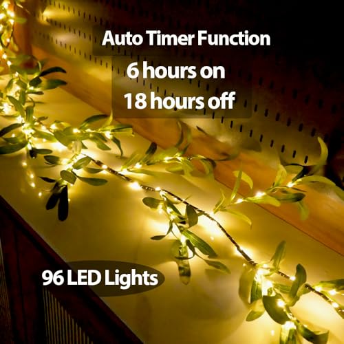 Image of 6.56FT Lighted Olive Garland with Lights 96 LED 8 Modes Battery Operated with Timer Artificial Greenery Vine Garland with Lights for Mantel Fireplace Table Wall Patio Wedding Holiday Spring Decoration