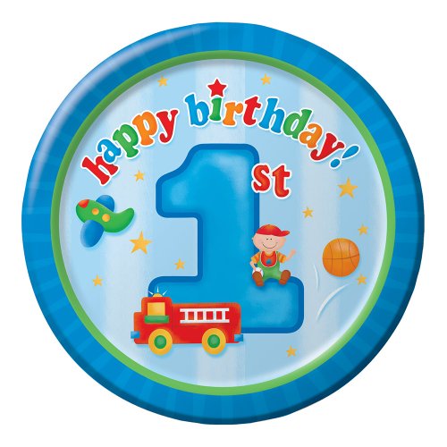 8-Count Round Paper Dinner Plates, Fun at One Happy First Birthday Boy