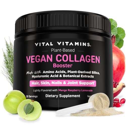 Vital Vitamins Vegan Collagen Booster Powder - Made with Amino Acids Silica Hyaluronic Acid & Botanical Extracts - Plant-Based - Mango Raspberry Lemonade Flavor - Hair Skin Nails - 30 Servings