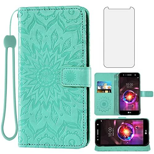 Phone Case for LG X Charge/Fiesta 2 LTE/X Power 2/X5/LV7 Wallet Cases with Tempered Glass Screen Protector and Leather Slim Flip Cover Card Holder Stand LG-M322 XPower 3 SP320 M327 M322 Women Green