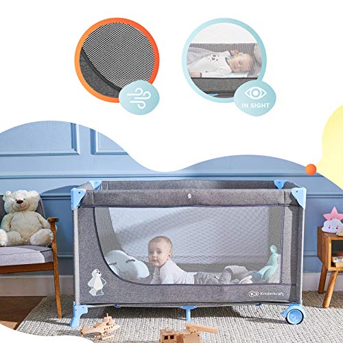 Kinderkraft reisbedje JOY, box, babybedje, campingbedje, modern ontwerp, kleine afmetingen na inklappen, wieltjes, blauw - Afbeelding 6