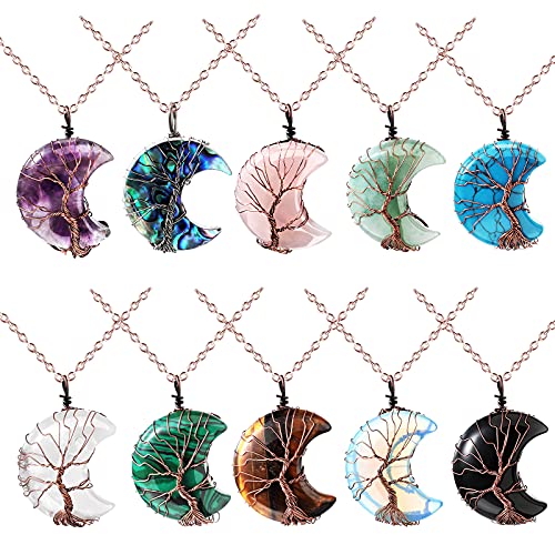 10 Pieces Crystal Necklaces Life Tree Moon Necklace Healing Crystal Stones Spiritual Pendants Natural Quartz Jewelry with Exquisite Velvet Bag for Women (Classic Style)