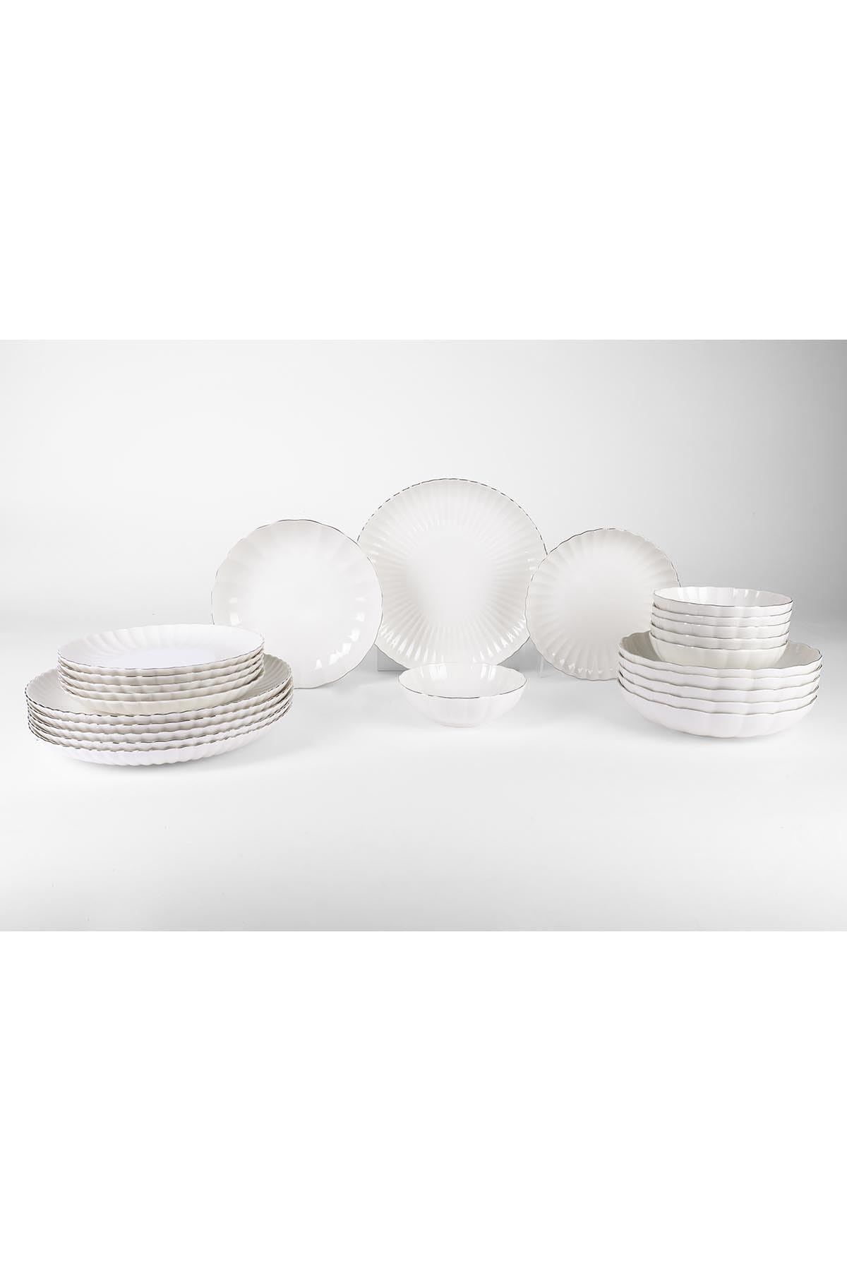 Vajilla elegante de 24 piezas, 100% porcelana, color blanco y plateado, incluye platos, platos hondos de postre y cuencos, no apto para lavavajillas y microondas
