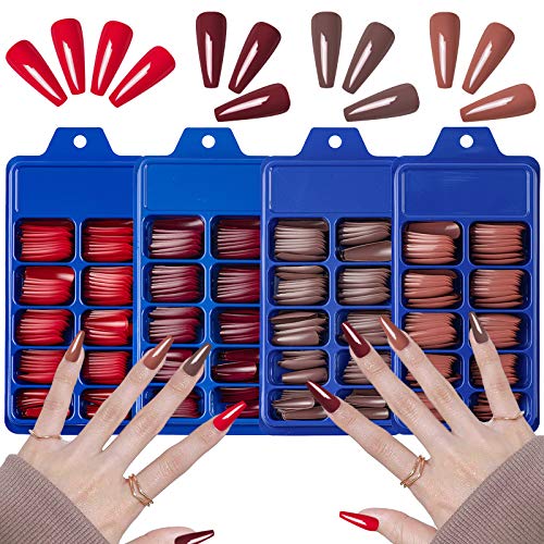 SIUSIO 400 Stück Bunte Sargnägel Full Cover Press on Reine Farbe Ballett Acryl Gefälschte Nägel Extra Lange Ballerina Falsche Gelnägel Kunstspitzen für Frauen und Mädchen (Rotbraun) Cover