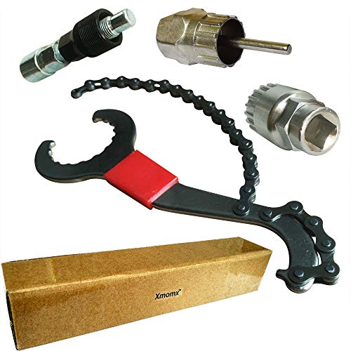 Xmomx Red Bike Chain Whip 3 in 1 Sprocket Remover Wrench Bicycle Chain Flywheel Rotor Metal Silver Lockring Cassette Freewheel Removal Bracket Remover Crank Remover Repair Tools Kit