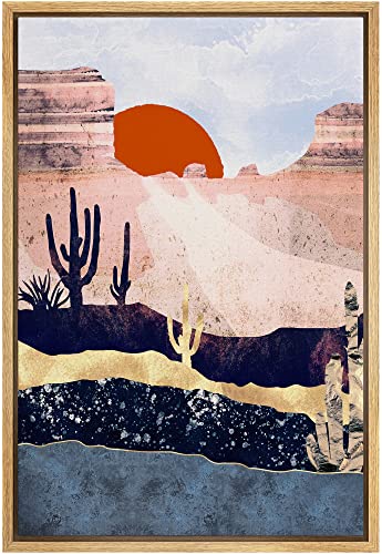 Signford Framed Canvas Print Wall Art Pink Desert Landscape With Cacti & Red Sun Abstract Wilderness Digital Art Modern Art Southwest Colorful For Living Room, Bedroom, Office - 16"X24" Natural #TOP9