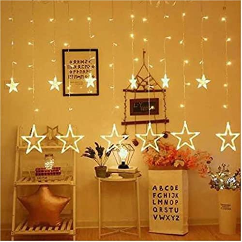 Image of Home Harmony's Christmas 12 Star 138 Pixel LED Curtain String Lights with 8 Flashing Modes for Diwali Home Room Birthday Indoor Outdoor Christmas Decoration, Warm White (Star)