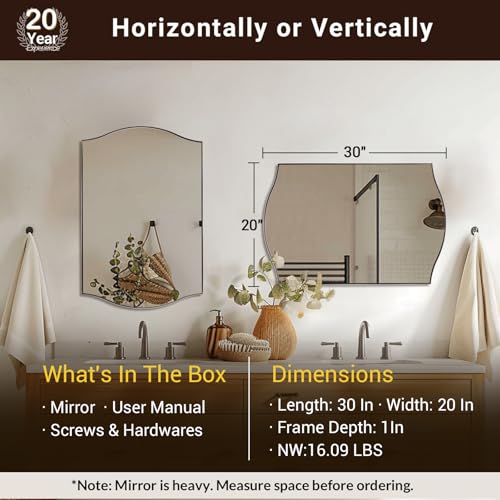 Image of ANDY STAR Polished Chrome Bathroom Mirror, 20 inchx30 inch Scalloped Wall Mirror in Stainless Steel Metal Frame, Unique Vanity Mirror with Modern Curved Edge Design, Ideal for Bathroom, Bedroom, Entryway