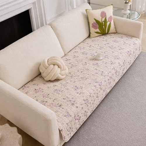 Image of HOMETHREADS Anti-Skid Sofa Protector Mat: Premium Printed Cotton Slipcover with Strong PVC Non-Slip Backing, (Beige Purple, 2 Seater | 140x75cm)