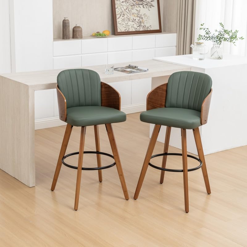 Counter Height Bartools Set of 2, 26 Inch Mid Century Counter Stools with Walnut Back and Arms Upholstered Seat for Kitchen Island, Green 26.4"-Set of 2 Walnut-green
