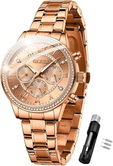 OLEVS Watches for Women Rose Gold Dress Fashion Diamond Chronograph Waterproof Luminous Quartz Stainless Steel Lady Watch Reloj para Mujer