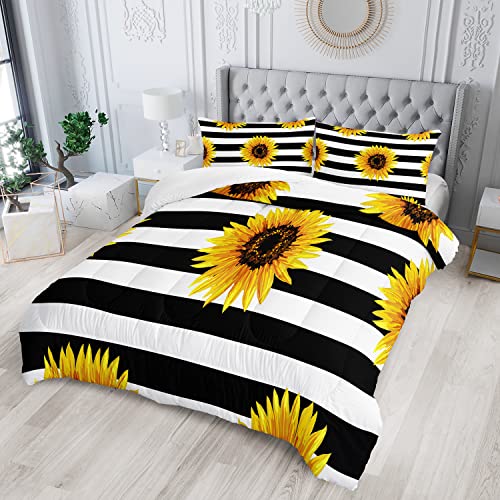 Ailonen Sunflower Comforter Set Twin Size, Black And White Striped Flower Bedding Set,Superior Yellow Flower Bed Set,Printed Stripe Quilt,Pillow Case,Microfiber Fabric #TOP1